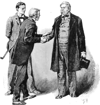 Two people shaking hands with another person behind them watching