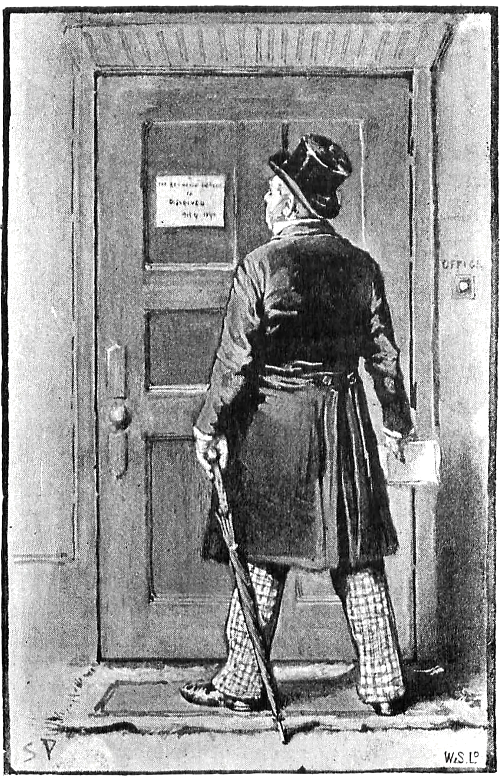 A person looking at a shut door with a note attached to it