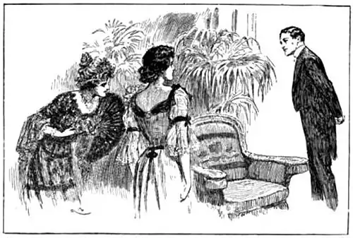 Illustration of a man exchanging looks with two women in evening wear across an armchair and large potted plants