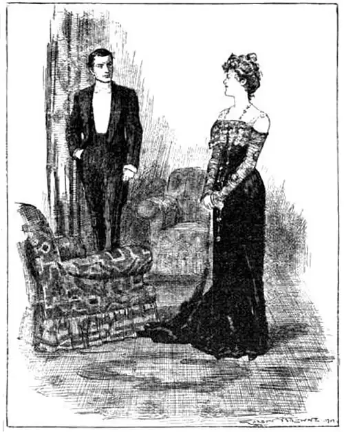 Illustration of Madame Sara, in a confident pose, speaking to Druce near two armchairs
