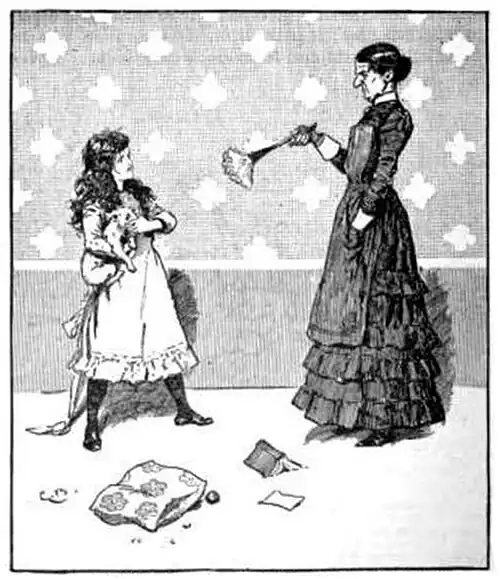 Illustration of a stern woman pointing a feather duster at a girl clutching a lapdog