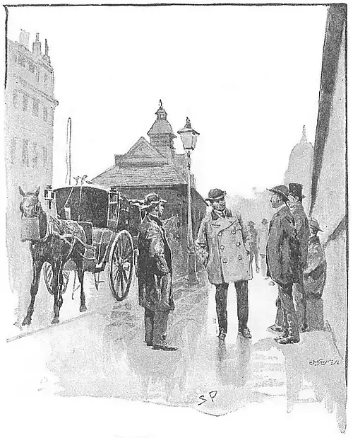 Illustration of five men clustered on a rain-slick sidewalk next to a hansom cab