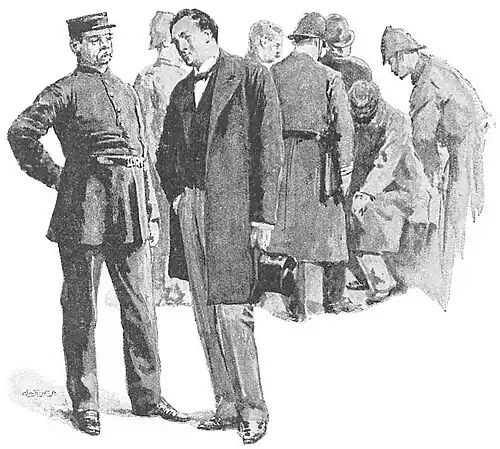 Illustration of Nettings and Hewitt standing with their backs to a group of policemen clustered around a slumping Rameau