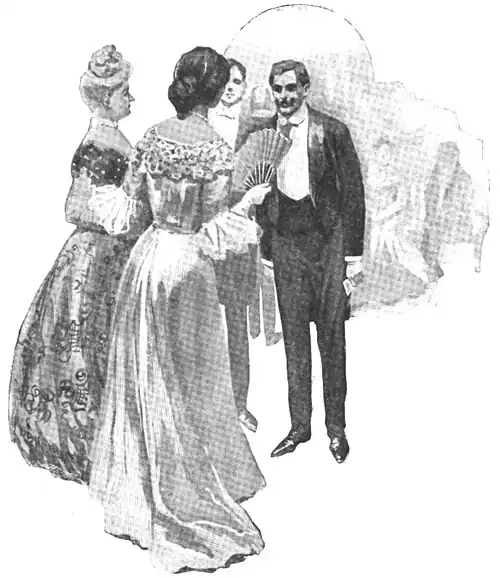 Illustration of two women in ballgowns standing opposite two men in tuxedos