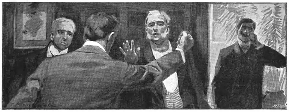 Illustration of a man with a raised fist facing three men, one with his palm out