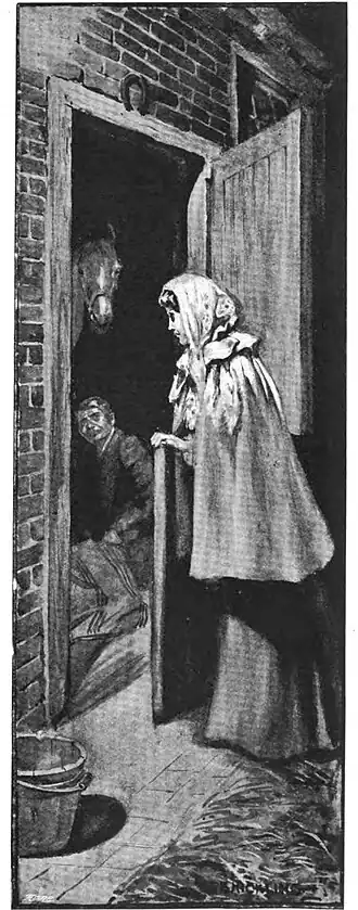 Illustration of a woman looking into a stall occupied by a horse and a sitting man