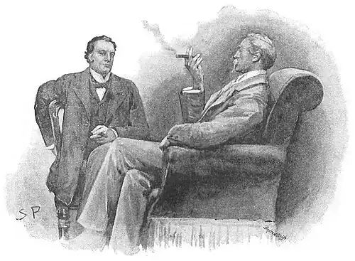 Illustration of two men seated and smoking cigars