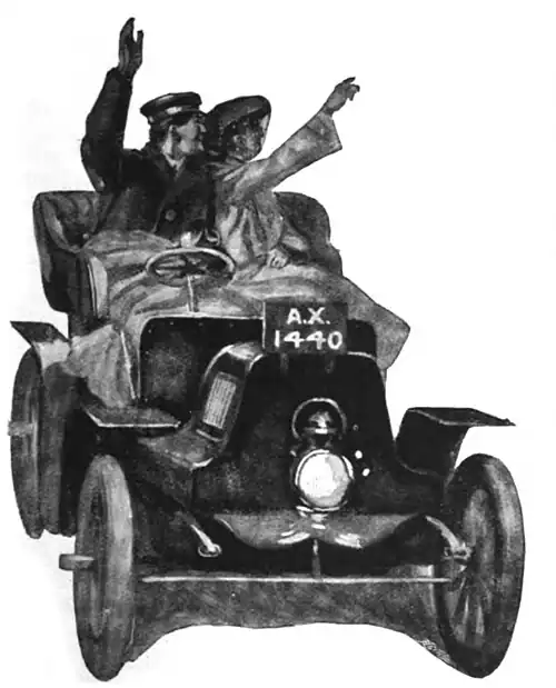 Illustration of a couple waving from an open-cab automobile