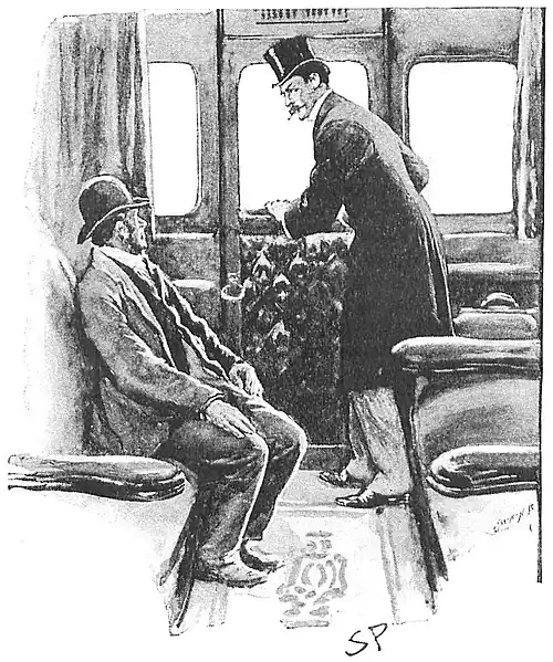 Illustration of a train passenger compartment with a well-dressed man stooping at the window addressing a seated workman
