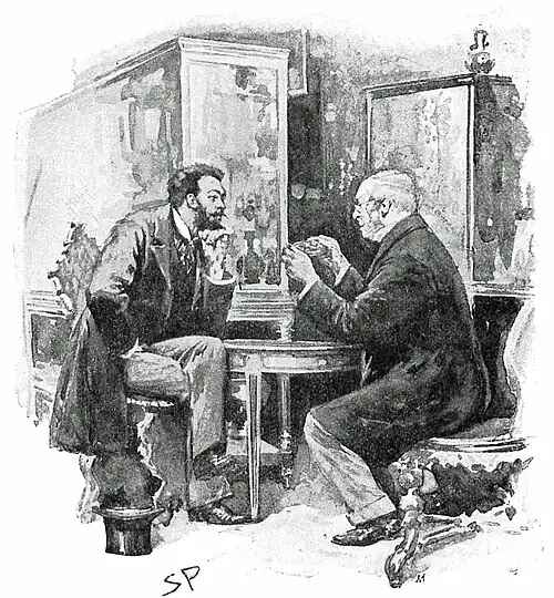 Illustration of two seated men examining an object, with glass cases in the background