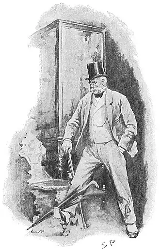 Illustration of a man with cane and top hat kicking an umbrella in Claridge's shop