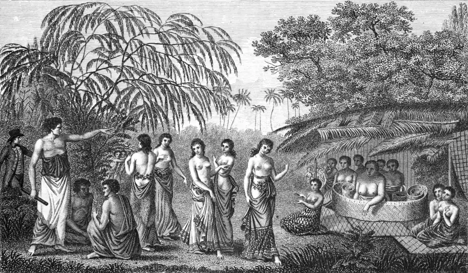 Engraving of five bare-chested women posing between a shaded hut containing a large woman and several others equally topless, and three Tahitian men and one European man