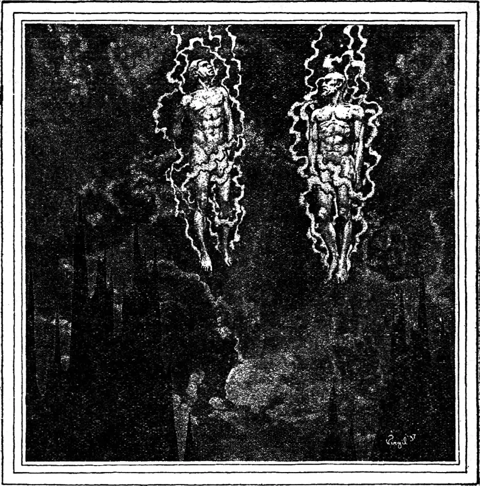 Black and white illustration of two naked men, floating in the clouds above jagged peaks, each wrapped in an aura of lighting-like energy streams.
