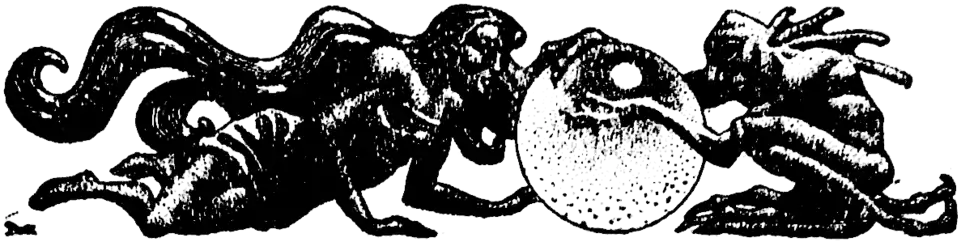 Woman staring into a crystal ball held by a strange creature.