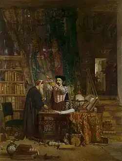 The Alchemist (1853) by Sir William Fettes Douglas: A painting of two alchemists at work; one crouched and the other standing at a cluttered desk in a study with bookcases and heavy curtains
