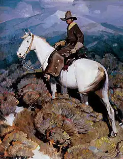 A painting of a man on a white horse standing among sage bushes, against a mountainous backdrop