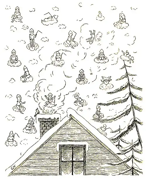 Some of the Snow Fairies floating gently upon a roof