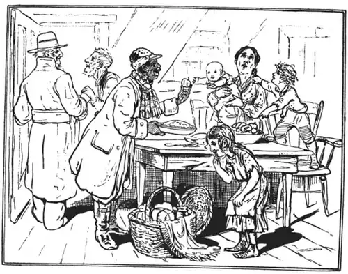 A busy scene with someone holding a pie over a table and several children around