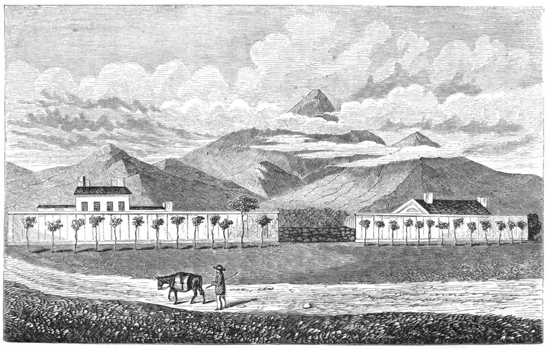 Drawing of two low buildings fronted by small, evenly planted trees