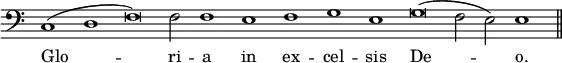 { \override Score.TimeSignature #'stencil = ##f \clef bass << \relative c { \cadenzaOn c1( d f\breve) f2 f1 e f g e g\breve( f2 e) e1 \bar "||" } \addlyrics { Glo -- ri -- a in ex -- cel -- sis De -- o. } >> }