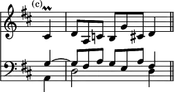 { << \new Staff \relative c' { \key d \major \override Score.TimeSignature #'stencil = ##f \time 3/4 \mark \markup \small "(c)" \partial 4 \override TupletNumber #'stencil = ##f
  cis4\prall | \tuplet 3/2 4 { d8[ a c] b[ g' cis,] } d4 \bar "||" }
\new Staff \relative g { \key d \major \clef bass
  << { \override TupletNumber #'stencil = ##f g4 ~ \tuplet 3/2 4 { g8 fis a g e a } fis4 } \\
     { a,4 d2 d4 } >> } >> }