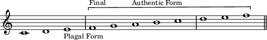 { \override Score.TimeSignature #'stencil = ##f \cadenzaOn c'1 d' e'_\markup { \small "Plagal Form" } \[ \bar "|" f'^\markup { \small Final } g' a'^\markup { \small "Authentic Form" } b' c'' \bar "|" d'' e'' f'' \] \bar "||" }