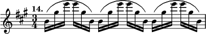 { \time 3/4 \key a \major \tempo "14." \relative b' { \override TupletBracket #'bracket-visibility = ##f \override TupletNumber #'stencil = ##f \times 2/3 { b16([ gis' e'] e[ gis, b,)] b16([ gis' e'] e[ gis, b,)] b16([ gis' e'] e[ gis, b,)] } } }