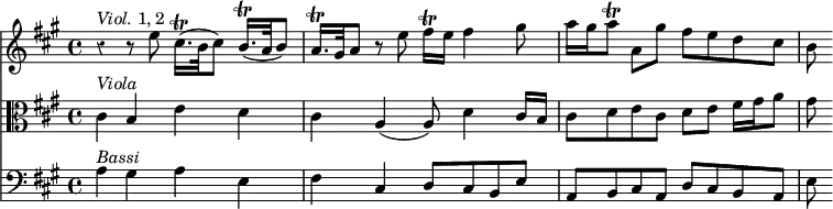 { \override Score.Rest #'style = #'classical
  \time 4/4 
  << { \clef treble \key a \major \relative c''
        { r4^\markup { \italic Viol. 1, 2 } r8 e cis16.\trill([ b32 cis8)] b16.\trill([ a32 b8)] |
          a16.\trill[ gis32 a8] r e' fis16\trill e fis4 gis8 |
          a16[ gis a8\trill] a,[ gis'] fis[ e d cis] | b } }
  \new Staff
      { \clef alto \key a \major \relative c'
       { cis4^\markup { \italic Viola } b e d | cis a( a8) d4 cis16 b | cis8 d e cis d[ e] fis16[ gis a8] | gis } }
  \new Staff 
      { \clef bass \key a \major \relative c'
       { a4^\markup { \italic Bassi } gis a e | fis cis d8 cis b e | a, b cis a d cis b a | e' } }
  >> 
}