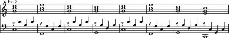 { << \new Staff \relative e'' { \time 4/4 \override Score.TimeSignature #'stencil = ##f \override Score.Rest #'style = #'classical \mark \markup \small "Ex. 3."
<e c g>1 <f c a> <e c g> <d b g> <e c g> <f c a> <d b g> <c g e> }
\new Staff \relative c' { \clef bass
<< { r4 c g c | r f, c f | r c' g c | r g d g | %end line 1
r c g c | r f, c f | r g d g | r c, g c } \\
{ c1 f, c' g c f, g c, } >> } >> }