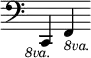 { \override Score.TimeSignature #'stencil = ##f \clef bass c,4_\markup { \halign #0.25 \smaller \italic 8va. } f,_\markup { \smaller \italic 8va. } }