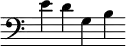 { \new Staff \with { \omit Score.TimeSignature \omit Score.BarLine} \relative {\clef bass e' d g, b} }
