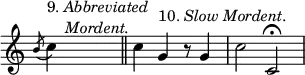 { \override Score.TimeSignature #'stencil = ##f \relative c'' { \cadenzaOn \acciaccatura b8 c4^\markup { \center-column { \line { 9. \italic Abbreviated } \italic Mordent. } } s2 \bar "||" c4 g^\markup { 10. \italic { Slow Mordent. } } r8 g4 \bar "|" c2 c,\fermata \bar "|" } }