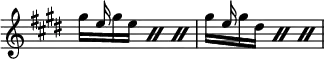 { \override Score.TimeSignature #'stencil = ##f \time 3/4 \key e \major \relative g'' << { s16 e s8 s2 | s16 e } \\ { \repeat percent 3 { gis16[ s gis e] } | \repeat percent 3 { gis16[ s gis dis] } } >> } 