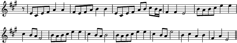 { \override Score.BarNumber #'break-visibility = #'#(#f #f #f) \override Score.TimeSignature #'stencil = ##f \time 4/4 \key a \major \partial 8 \relative e' {
r8 | e8 cis e fis a4 a | fis8 e fis a b4 b |
e,8 cis e fis a b cis b16 a | fis4 fis e2 |
b'8 a b cis e4 e | cis b8 a fis2 | %end line 1
b8 a b cis e4 e | cis b8 a b2 | b8 a b cis e4 e |
cis4 b8 a e'2 | b4 cis a b | fis a e2 \bar "||" } }