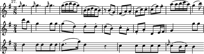 \version "2.14.2"
\header {
  tagline = ##f }

\layout {
  \context {
    \Score
    \remove "Timing_translator"
    \remove "Default_bar_line_engraver"
  }
  \context {
    \Staff
    \consists "Timing_translator"
    \consists "Default_bar_line_engraver"
  }
}

% Now each staff has its own time signature.

\score { \relative g'' <<
  \new Staff {
    \time 2/8
    \set Staff.timeSignatureFraction = #'(3 . 8)
    \key g \major
    \mark \markup \small "27." 
\repeat unfold 3 { \grace fis16 g4.*2/3 } g16*2/3[( a b a g8*2/3]) 
    b,16*2/3[( c d c b8*2/3]) r8*2/3 b( g) fis( a) a-. a( c) c-. 
    c( fis) fis-. a[( a16*2/3 b c a]) g4*2/3( b8*2/3)
  }
  \new Staff {
    \time 2/4 \key g \major \partial 4
    \grace s16 d8 b | g4 g8 g | g( d) d-. d-. |
    d( b) c-. a-. | fis-. a-. d, e16 fis | g4 g'8 g 
  }
  \new Staff {
    \time 3/4 \key g \major \override Staff.Rest #'style = #'classical
    \grace s16 d4 d8 d d d | d8.( g16) d4 r |
    c4 c8 c c c | \grace d16 c8( b16 c) b4
  }
>>
\midi { }
\layout { } }