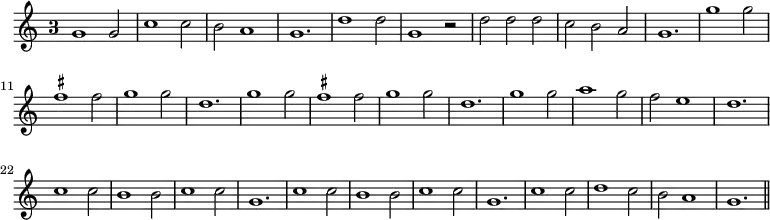 { \override Staff.TimeSignature #'style = #'single-digit \time 3/2 \relative g' { \set suggestAccidentals = ##t g1 g2 | c1 c2 | b a1 | g1. | d'1 d2 | g,1 r2 | d' d d | c b a | g1. |\repeat unfold 2 { g'1 g2 | fis1 fis2 | g1 g2 | d1. | } g1 g2 | a1 g2 | f2 e1 | d1. | \repeat unfold 2 { c1 c2 | b1 b2 | c1 c2 | g1. | } c1 c2 | d1 c2 | b2 a1 | g1. \bar "||" } }