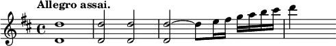 { \tempo "Allegro assai." \key d \major \time 4/4 \relative d'' { <d d,>1 q2 q q ~ d8 e16 fis g a b cis | d4 s } }