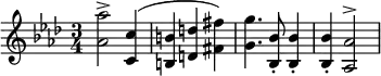 { \relative a' { \key aes \major \time 3/4
 <aes aes'>2^> <c c,>4^( | <b b,> <d d,> <fis fis,>) |
 <g g,>4. <bes, bes,>8_. q4_. | q4_. <aes aes,>2^> } }