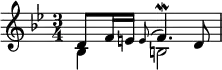 { \time 3/4 \key g \minor \relative d' { << { d8 f16 e \appoggiatura e8 f4.\mordent d8 } \\ { bes4 b2 } >> } }