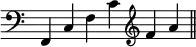 { \override Score.TimeSignature #'stencil = ##f \time 6/4 { \clef bass f, c f c' \clef treble f' a' \bar "||" } }