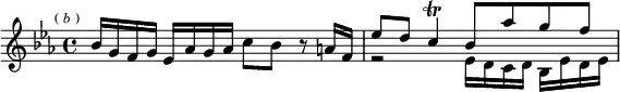 \new Staff { \key ees \major \time 4/4 \mark \markup \tiny { (\italic"b") } \relative b' {
bes16 g f g ees aes g aes c8 bes r a16 f |
<< { ees'8 d c4\trill bes8 aes' g f } \\
{ r2 ees,16 d c d bes ees d ees } >> } }