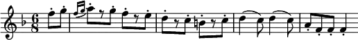{ \time 6/8 \key f \major \partial 4 \relative f'' { f8-. g-. | \appoggiatura { f16[ g] } a8-.[ r g-.] f-.[ r e-.] | d-.[ r c-.] b-.[ r c-.] | d4( c8) d4( c8) | a-. f-. f-. f4-. } }