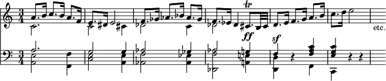 { << \new Staff << \time 3/4
\new Voice \relative a' { \stemUp
a8. b16 c8. b16 a8. f16 | e8. dis16 e2 |
f8. ges16 aes8. bes16 aes8. ges16 | %end line 1
f8. ees16 des4 cis8.\trill b32 cis |
d8. e16 f8. g16 a8. b16 }
\new Voice \relative c' { \stemDown
c2. | c2 cis4 | des2 c4 | %end line 1
des2 s4 | s2. c'8. d16 e2 | s8_"etc." } >>
\new Staff << \clef bass
\new Voice \relative a { \stemUp
a2. | g2 g4 | aes2 ges4 |
aes2 g!4^\ff | f^\sf r <f a c> | <e g c> r r | s8 }
\new Voice \relative a, { \stemDown
<a e'>2 <f f'>4 | <c' e>2 <a e'>4 | <aes f'>2 <aes ees'>4 |
<des, f'>2 <a'! e'!>4 | <d, d'> s f | c } >> >> }