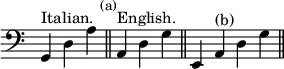 { \override Score.TimeSignature #'stencil = ##f \clef bass \relative g, { \cadenzaOn g4^"Italian." d' a' \mark \markup \small "(a)" \bar "||" a,^"English." d g \bar "||" e, a^"(b)" d g \bar "||" } }