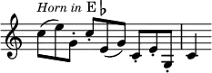 { \override Score.TimeSignature #'stencil = ##f \time 9/8 \relative c'' { c8(^\markup { \smaller \italic "Horn in" E\flat } e) g,-. c-. e,( g) c,-. e-. g,-. | c4 } }