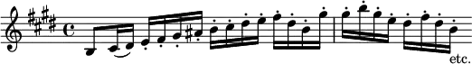 { \relative b { \key e \major \time 4/4
 b8 cis16( dis) e-. fis-. gis-. ais-. b-. cis-. dis-. e-. fis-. dis-. b-. gis'-. |
 gis-. b-. gis-. e-. dis-. fis-. dis-. b-._"etc." } }