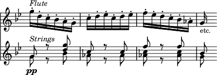 { \override Score.TimeSignature #'stencil = ##f \time 3/8 \key g \minor << \relative g'' { g16-.^\markup { \italic Flute } d-. c-. bes-. a-. g-. | c-. d-. ees-. c-. d-. ees-. | f-. ees-. d-. c-. bes-. aes-. | g_\markup { \smaller etc. } }
\new Staff { \clef treble \key g \minor { << \relative g' { g8\pp^\markup { \italic Strings } r <g' d> | c, r c | f r f | bes, } \\ \relative g' { g8 r bes | aes r aes | <c aes> r <c aes> | g } >> } } >> }