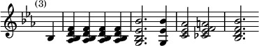 \relative b { \override Score.TimeSignature #'stencil = ##f \time 4/4 \key c \minor \mark \markup \small "(3)" \partial 4
<< { bes4 <f' d> q q q | <bes ees,>2. q4 | <aes ees>2 <a f ees> | <bes f d>2. }
{ s4 <bes, aes> q q q | <bes g>2. g4 | c2 ces bes2. } >> }