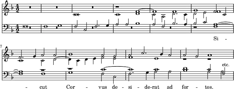 { << \new Staff { \time 4/2 \key f \major <<
\new Voice { \relative f' { \stemUp R\breve*3 r1 f ^~
  f f g f2 c f2. g4 a2 a 
  bes1 a2 g | a c2. bes4 a2 | a g a1 } }
\new Voice { \relative c' { \stemDown R\breve*2 c\breve c1 d 
  c2 a d2. c4 | d2 e f1 c c2 d ~
  d4 c d e f2 e f1 e r r } } >> }
\new Staff { \clef bass \key f \major <<
\new Voice { \stemUp f\breve f1 g f2 c f2. g4 a2 a bes1
  a2 f bes2. a4 bes2 c' a1 ^~ a r
  r c' ^~ c' c' d' c'2 f^"etc." }
\new Voice = "B" { \stemDown R\breve*5 r1 f ~ f f
  g f2 c | f2. g4 a2 a bes1 a2 a } >> }
\new Lyrics \lyricsto "B" { Si -- cut Cor -- vus de -- si -- de -- rat ad for -- tos. } >> }