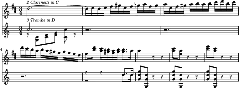 { \override Score.Rest #'style = #'classical \time 3/4 \key d \major << \relative d'' { d2.^\markup { \smaller \italic "2 Clarinetti in C" } ~ | d16 e d e fis gis e fis g a fis g | a e fis gis a b a b cis d b cis | d cis b a b a gis fis gis fis e d | e8 <d' b> <cis a>16 <b gis> <a fis> <b gis> <b gis>8. a16 | a4 r r | <cis a>8 <a e> r4 r | <e' cis>8 <cis a> r4 r | }
\new Staff { \clef treble \relative c'' { << { c2.^\markup { \smaller \italic "3 Trombe in D" } } \\ { r8 <c, g>8[ <e c> <g e>] <c c,> r } >> | r2. | r | r | << { r4 r d8. d16 } \\ { r2 d8. d16 } >> | <g d g,>8 <d g, g,> r4 r | <g d g,>8 <d g, g,> r4 r | <g d g,>8 <d g, g,> r4 r | } } >> }
